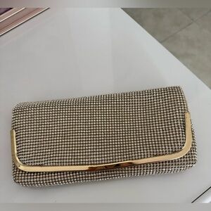 Elegant Rhinestone Evening Clutch in Silver with Gold Trim